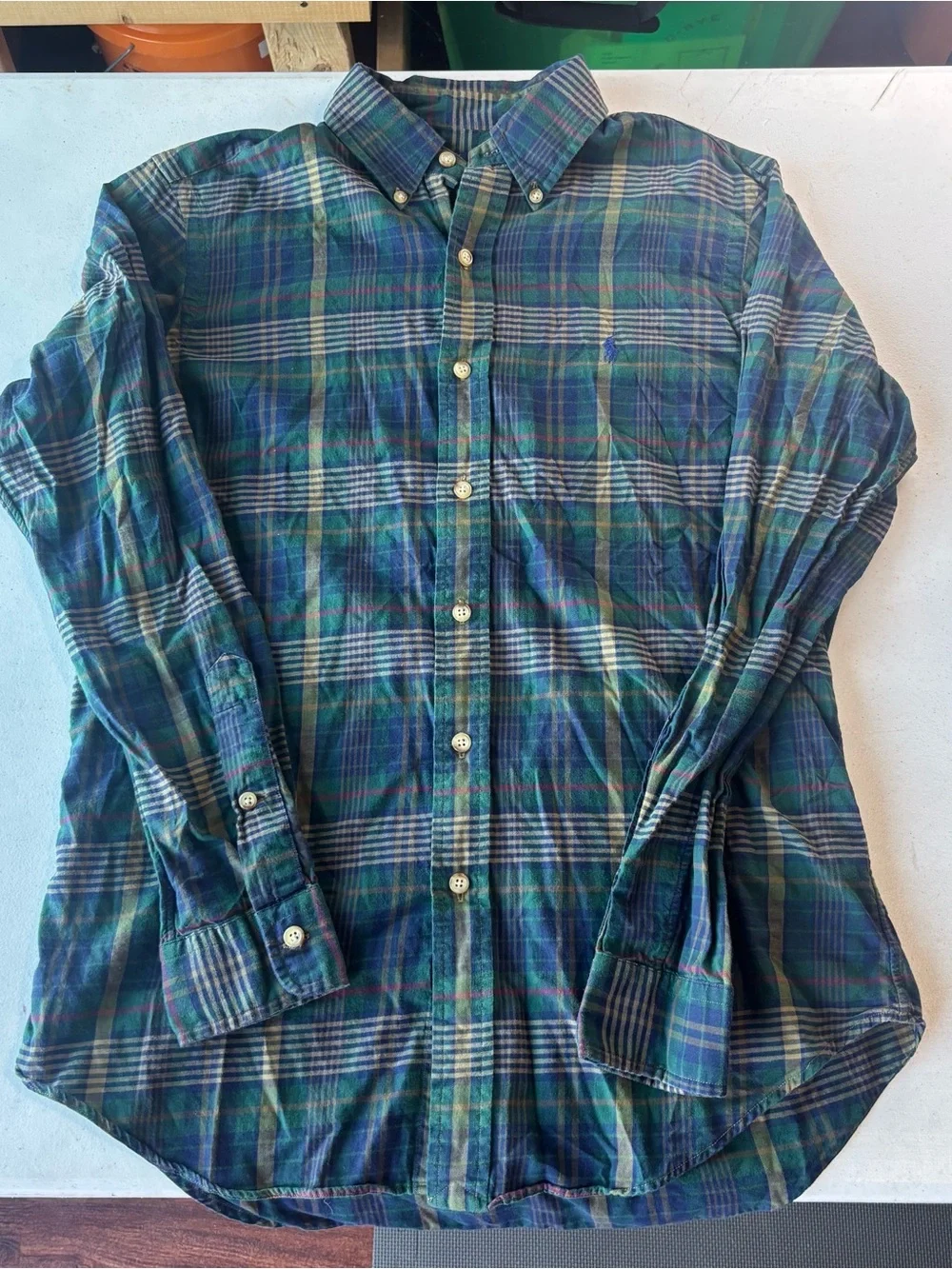 Vintage Ralph Lauren Blue Label Green Navy Plaid Button Down Shirt Small Cotton
